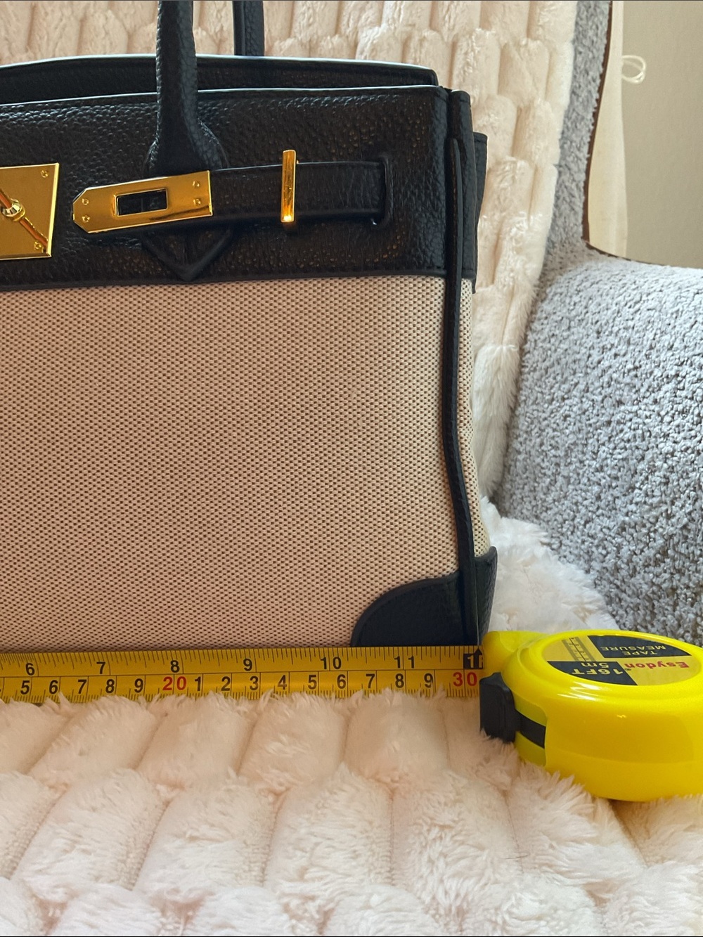Canvas and Black Leather Top-Handle Satchel with Gold Hardware - Picture 8 of 9